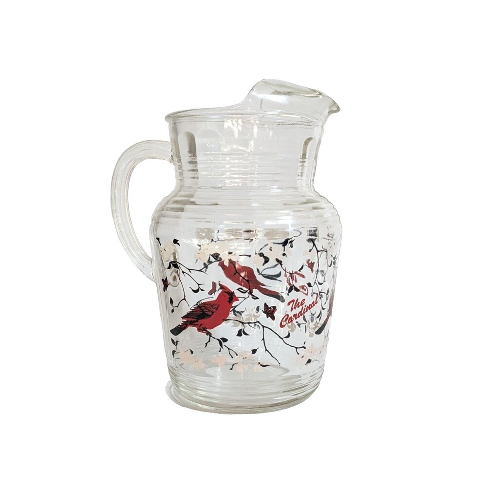 Vintage Mid-Century Glass Pitcher Cardinals & Dogwood Pattern 10" Drinkware Jug